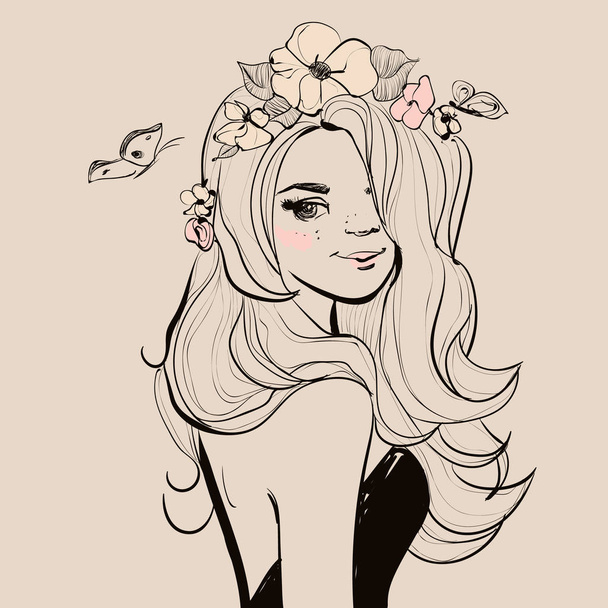 Young beautiful woman with flowers and butterfly. Vector fashion illustration. - Vector, Imagen