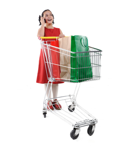 Little girl shopper in red dress with shopping cart - Фото, изображение