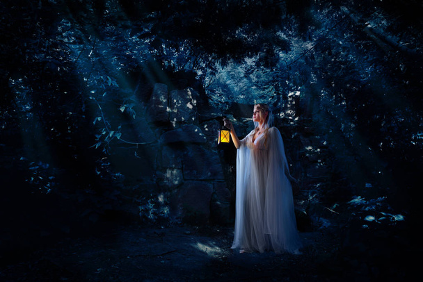 Young elven girl in night forest - Foto, Imagem