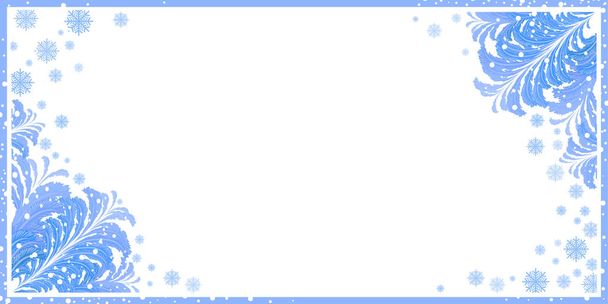 Χειμερινό πλαίσιο με πάγο μοτίβα στις γωνίες, νιφάδες χιονιού και χιόνι. για την φωτογραφία, ανακοίνωση, παρουσίαση, ευχετήρια κάρτα, πρόσκληση, πιστοποιητικό, κουπόνι - Διάνυσμα, εικόνα