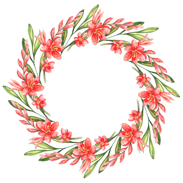 Wreath of tender twigs with flowers of montbretia and green leaves - Foto, immagini