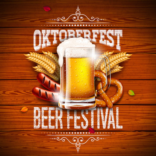 Oktoberfest Banner Illustration with Typography Lettering and Fresh Beer on Vintage Wood Background. Vector Traditional German Beer Festival Design with Wheat, Pretzel, Sausage and Autumn Leaves for - Vecteur, image