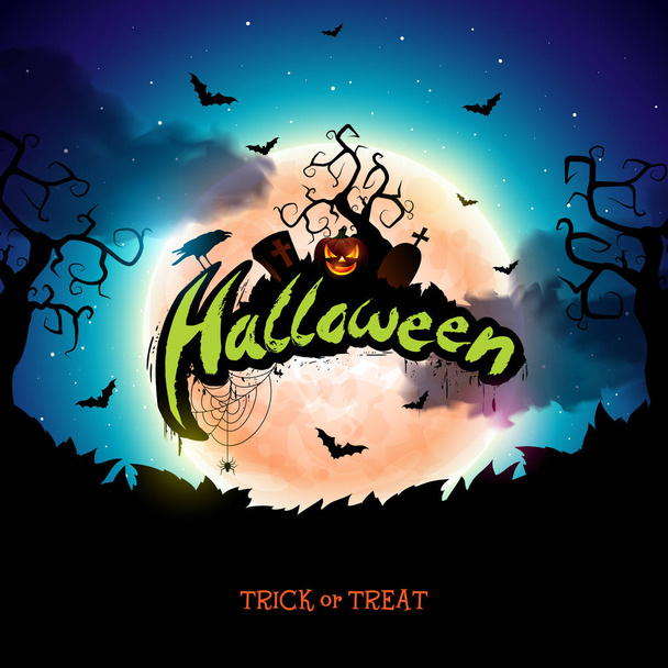 Happy Halloween banner illustration with moon, flying bats and pumpkin hand on blue night sky background. Vector Holiday design template with typography lettering and cemetery for greeting card, flyer - Vetor, Imagem