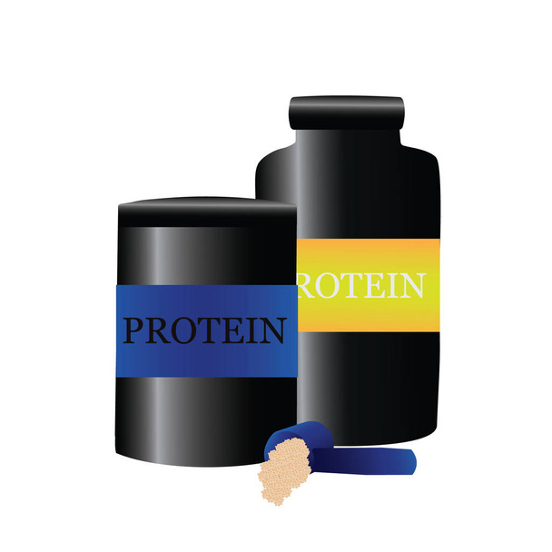 Sports container for food protein bada isolated on background. Vector containers wrapped in a flat style. Sports and fitness supplements with a measuring spoon. Vector illustration of a protein in jars. - Vector, Image