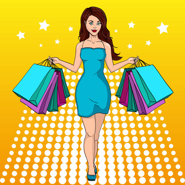 Girl with shopping. I bought a lot of clothes. Gift bags. Fashion illustration. Pop art - Photo, Image