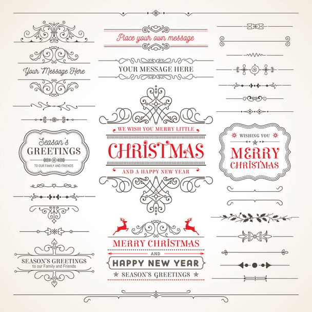Collection of Elegant Christmas and Happy new Year vector labels, frames, decorations and dividers. - Vector, Image