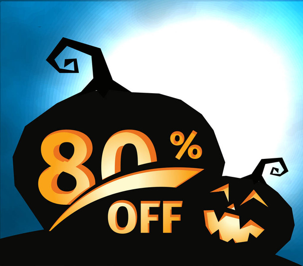 Pumpkin silhouette on dark blue sky with full moon. Halloween 80 percent off, sale banner. Holiday offer, autumn discount vector illustration. - Vector, Image