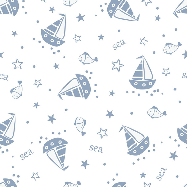 帆船、魚、海の星、水玉と海洋のシームレスなパターンを落書き - ベクター画像