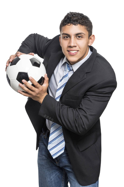Young executive man smiling with soccer ball in hands - Foto, Imagem