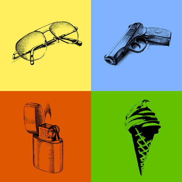 Barevné vektorové pozadí s sluneční brýle, pistole, zapalovač a zmrzliny v náčrtu stylu - Vektor, obrázek
