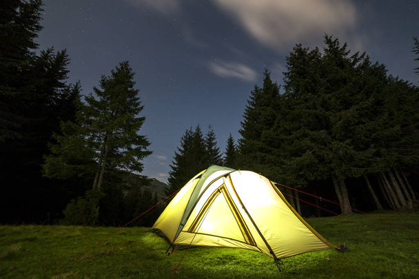 Tourist hikers tent brightly lit from inside on green grassy forest clearing among tall pine trees under dark blue starry sky on distant mountain background. Summer camping in mountains at night. - Photo, Image