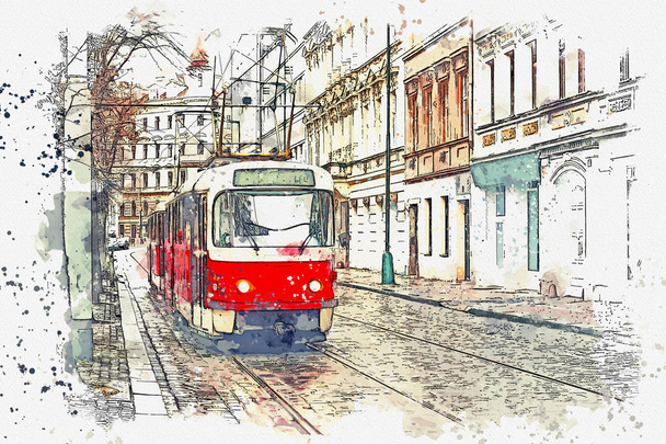 illustration of a traditional old tram in Prague. - Photo, Image