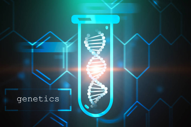 White dna helix in test tube over blue green background with carbon atomic grid and text genetics in left corner. Biotech, biology, medicine and science concept. 3d rendering mock up toned image - Foto, Imagen
