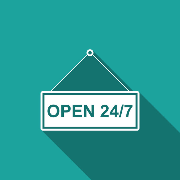 Hanging sign with text Open 24-7 hours icon isolated with long shadow. Business theme for cafe or restaurant, club and bar. Flat design. Vector Illustration - Vector, Image