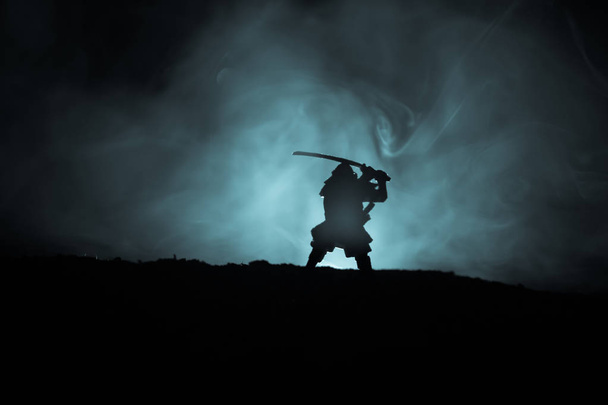 Bojovník s mečem silueta sky ninja. Samuraj na vrcholu hory s tmavě tónovaný zamlžené pozadí. Selektivní fokus - Fotografie, Obrázek