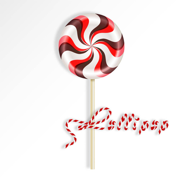 Lollipop marrón rojo rayado redondo brillante. Dulces de baya y chocolate en un palo. Ilustración vectorial realista aislada sobre fondo blanco
. - Vector, Imagen