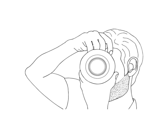 Ein Mann mit Bart fotografiert. handgezeichneter Fotograf mit Kamera auf weißem Hintergrund. Vektorillustration. - Vektor, Bild