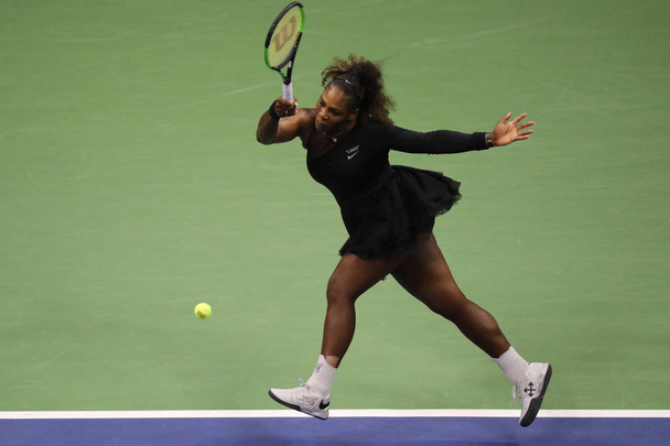 NEW YORK - SEPTEMBER 8, 2018: 23-time Grand Slam champion Serena Williams in action during her 2018 US Open final match against Naomi Osaka at Billie Jean King National Tennis Center - Fotó, kép