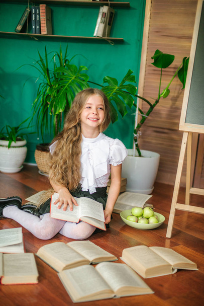 Sladká školačka juniorů tříd má dlouhé blond vlasy s knihami, školní rada a jablka. Škola módy - Fotografie, Obrázek