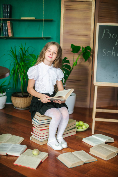 A sweet schoolgirl of junior classes with long blond hair with books, a school board and apples. School Fashion - Фото, изображение