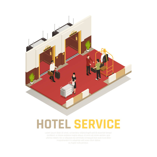 Isometrische Zusammensetzung des Hotelservices - Vektor, Bild