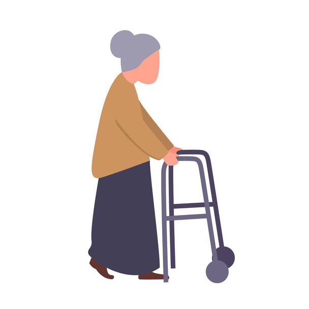Бабуся тримає ручку ходунки. Старенька пацієнтка реабілітаційного центру. Концепція клініки Рехаб для літніх людей
. - Вектор, зображення