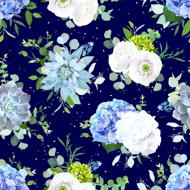 Summer flowers on navy blue seamless vector design print. - Vecteur, image