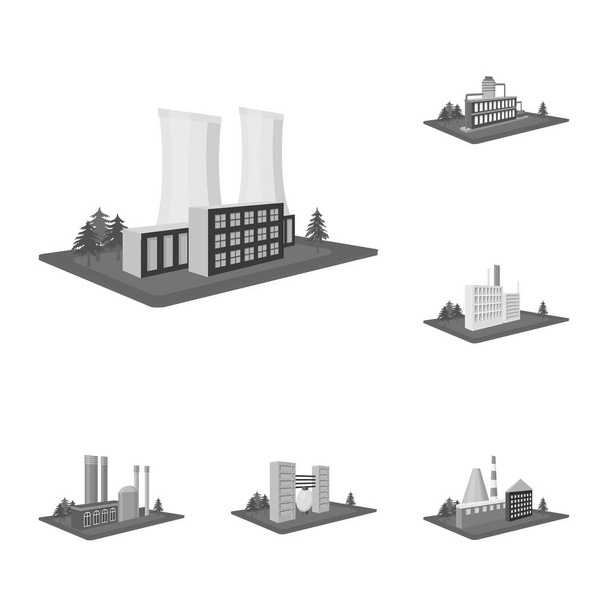 Fabriek en plant zwart-wit pictogrammen in set collectie voor design. Productie en enterprise vector isometrische symbool voorraad web illustratie. - Vector, afbeelding