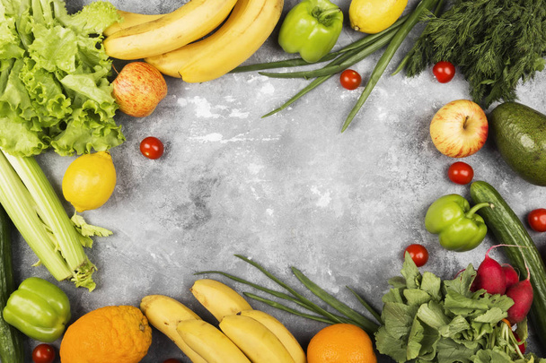 Various healthy food on gray background. Top view, copy space. Food background - Foto, immagini