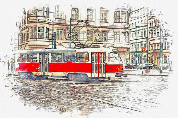 Illustration einer traditionellen alten Straßenbahn in Prag. - Foto, Bild