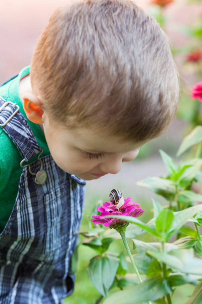 fröhlicher kleiner Junge, der tagsüber im Park mit Schnecken spielt. Kind beobachtet Schnecke. Schnecke auf einer Blume - Foto, Bild
