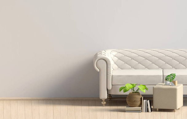 Interni moderni con divano. Muro finto. Illustrazione 3d. - Foto, immagini