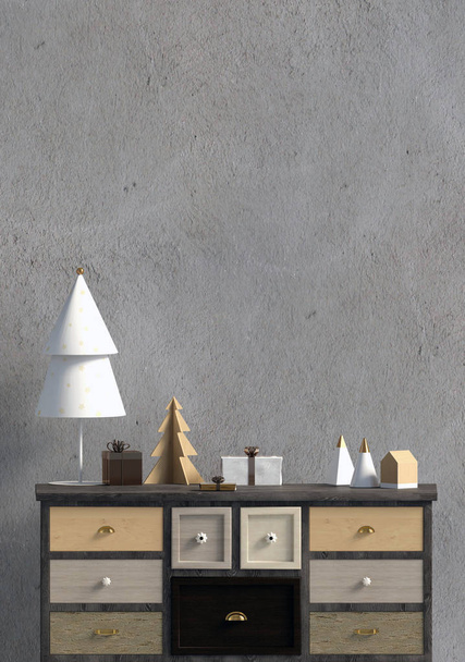 Moderní vánoční interiér, prádelník, skandinávském stylu. Zeď mock-up. 3D obrázek - Fotografie, Obrázek