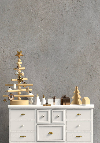 Современный рождественский интерьер с комодом, скандинавский стиль. Стена макетирует. 3D иллюстрация
 - Фото, изображение