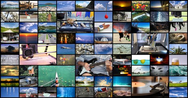 Grande parede de vídeo multimídia com uma variedade de imagens
 - Foto, Imagem