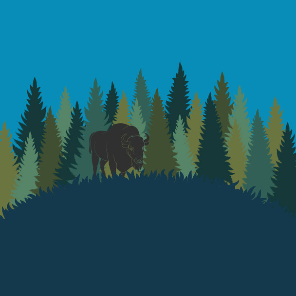 Forest landscape with bison and forest of fir trees. Vector color background with place for inscription. - Вектор,изображение