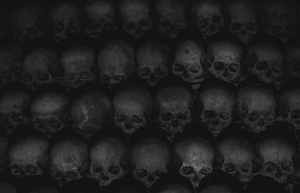 Collection of skulls covered with spider web and dust in the catacombs. Numerous creepy skulls in the dark highlighted by candle light. Abstract concept symbolizing death, terror, and evil. Black and white - Photo, Image
