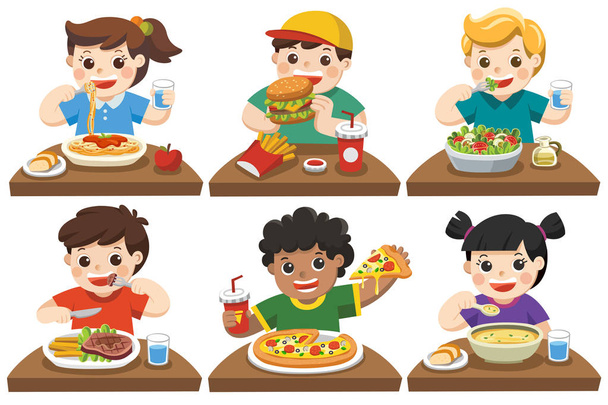 ダイニング テーブルの上に美味しい食べ物を食べて幸せな子供たちのグループ. - ベクター画像