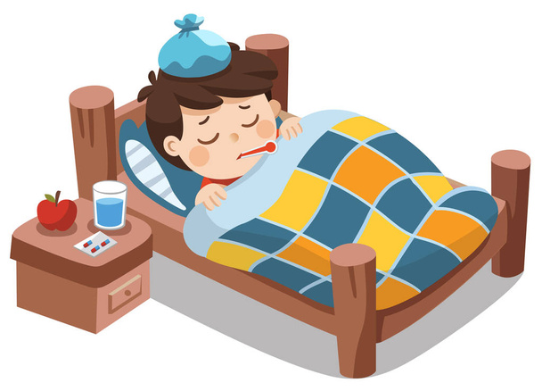 Больной милый мальчик спит в постели с термометром во рту и чувствует себя так плохо от лихорадки
. - Вектор,изображение