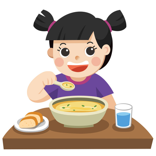  少女は、プレートにフォークでスパゲッティを食べる幸せ。アジアの女の子. - ベクター画像