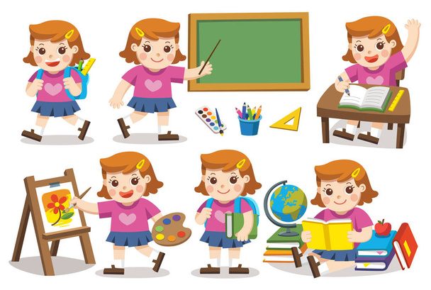 Back to School. Cute children have fun and sitting at school desk and hand up to answer in class. A cute girl look up with interest and reading. Isolated vector. - Vector, Image