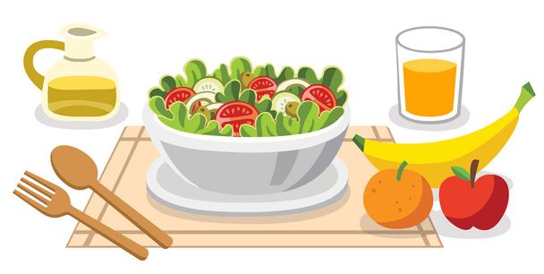 Mangiare insalate. Cibo dietetico a vita. Alimenti sani con benefici
 - Vettoriali, immagini