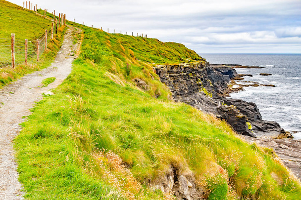 Cliffs of Moher trail with farm fields and ocean, Doolin, Clare, Ireland - Photo, Image