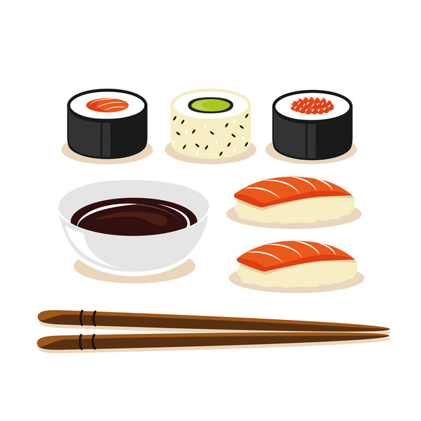 Buntes Sushi-Set mit verschiedenen Arten Essstäbchen mit Sojasauce - Vektor, Bild