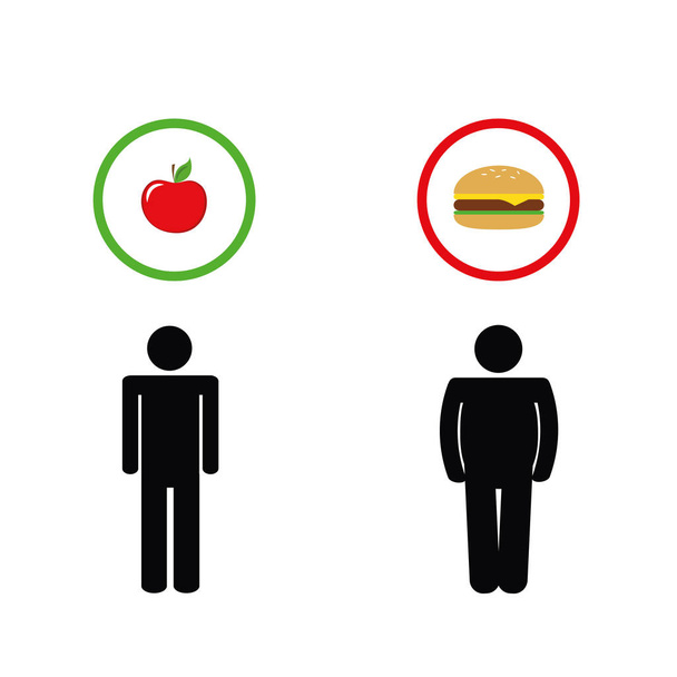 Mann denkt an gesunden Apfel und ungesundes Fast Food-Piktogramm - Vektor, Bild
