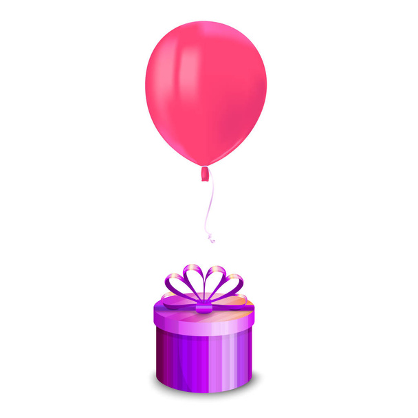 Realistic air flying pink balloon with reflects and a gift box isolated on white background. Festive decor element for any holiday. Vector illustration - Vector, Image