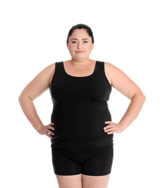 Full length portrait of fat woman on white background. Weight loss - Φωτογραφία, εικόνα