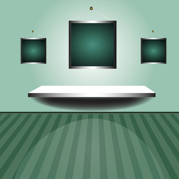 Fondo colorido con un interior verde con tres marcos vacíos y un estante
 - Vector, imagen