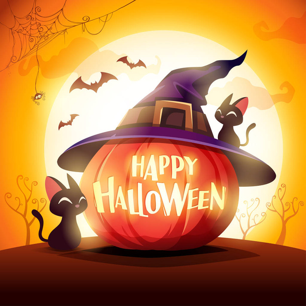 Happy Halloween. Halloween pumpkin. Jack O Lantern Pumpkin with witch hat in the moonlight. - Vector, Image