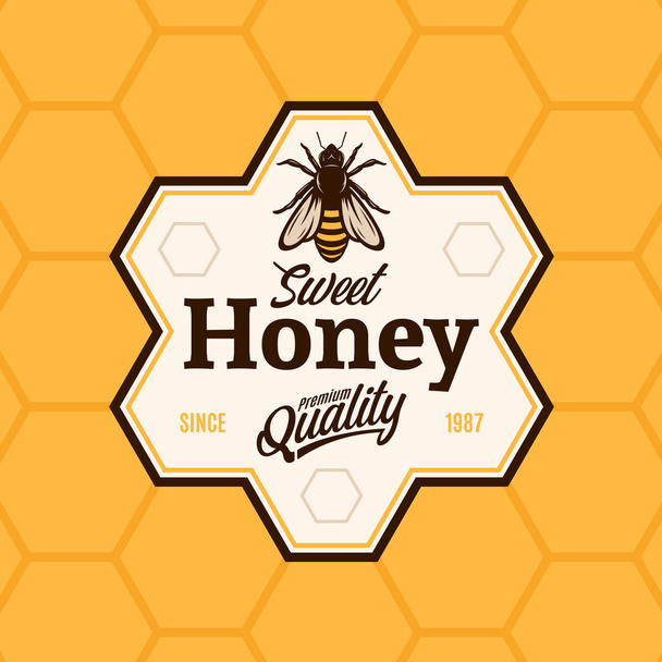 Logo vectoriel miel avec abeille sur fond nid d'abeille
. - Vecteur, image